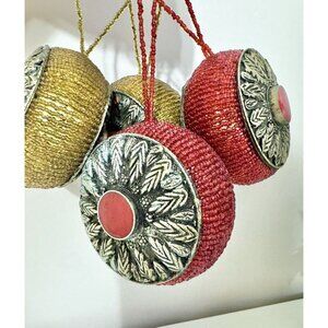 Lot 4 Ornate Beaded Christmas Ornament Vintage 4” Round Disc Jewel Decor Metal